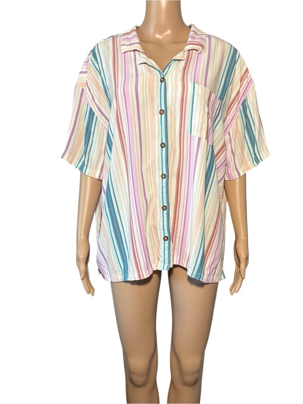 Natural Women's Button Up Shirt 2X Striped Viscose Short Sleeve Collared Pocket